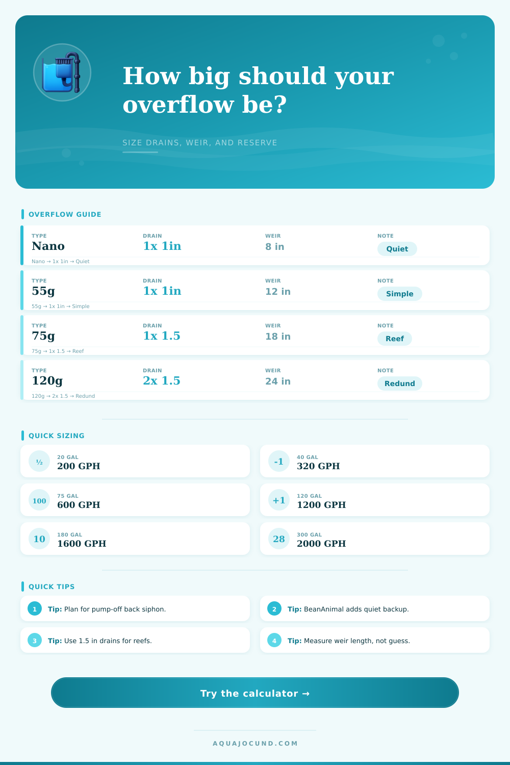 Aquarium Overflow Calculator | Safe Drain Flow
